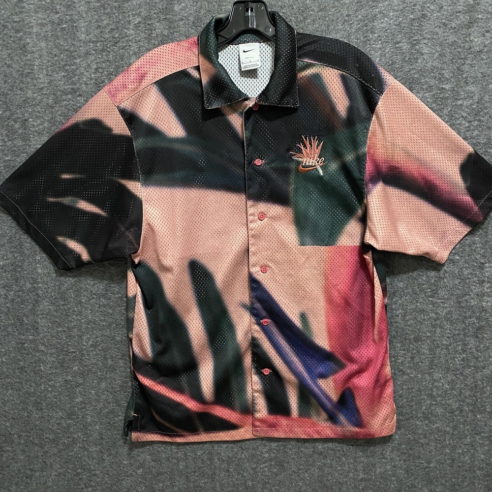 Nike Shirt Men M Tropical Dri Fit Mesh Aloha Floral Button Up Just Do It Graphic